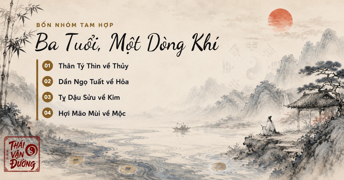 Bốn nhóm tam hợp: Thân Tý Thìn về Thủy, Dần Ngọ Tuất về Hỏa, Tỵ Dậu Sửu về Kim, Hợi Mão Mùi về Mộc