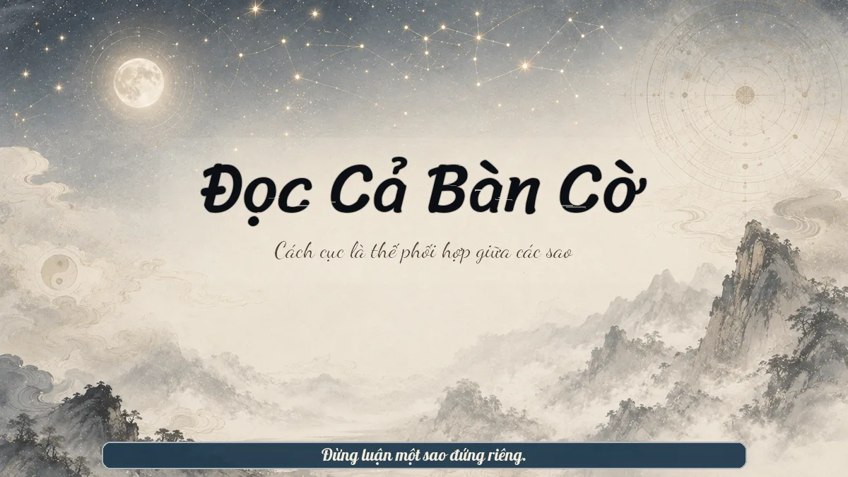 Nền Tử vi với trăng sao và khoảng sáng, minh họa cách đọc toàn bộ thế sao.