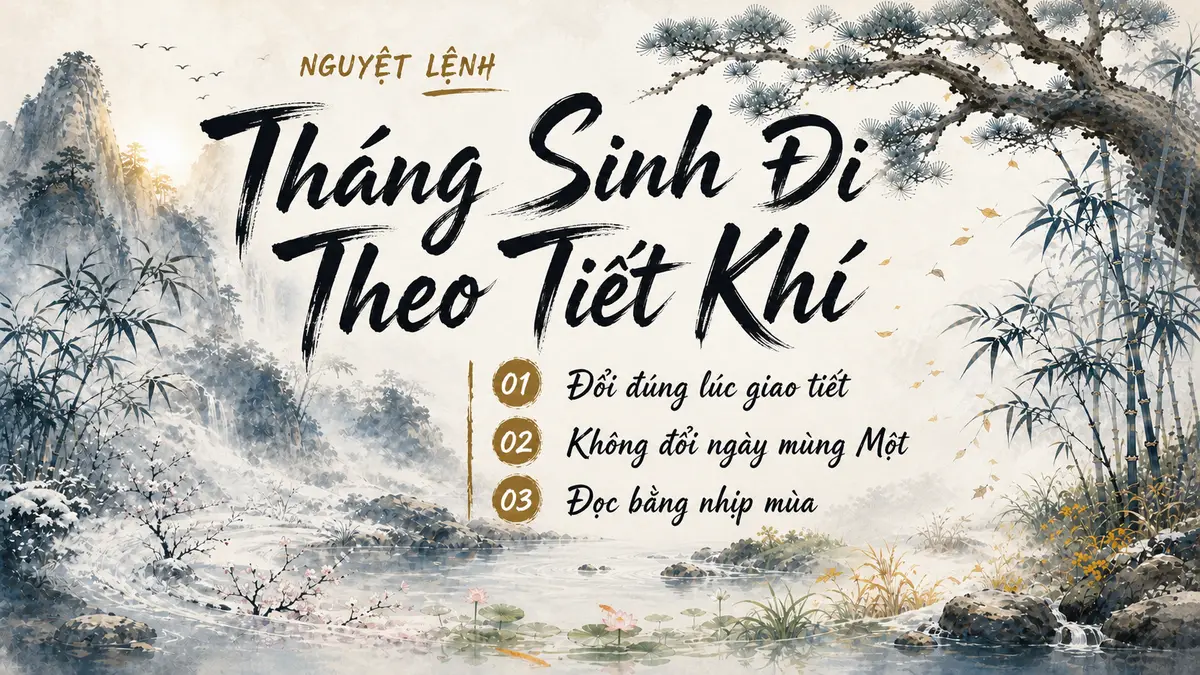 Mười hai nhịp mùa bằng cây, nước và ánh sáng, minh họa tháng sinh Bát Tự đi theo tiết khí.
