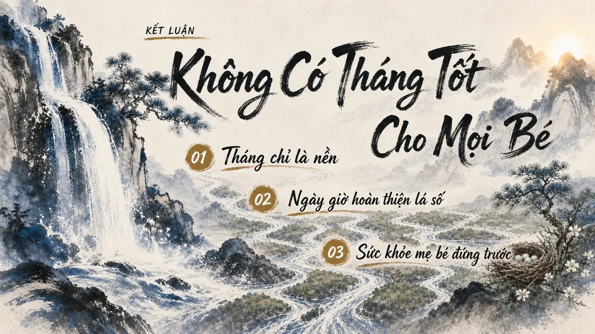 Một dòng nước tách thành nhiều nhánh và tổ chim được che chở, minh họa tháng chỉ là nền còn ngày giờ hoàn thiện lá số.